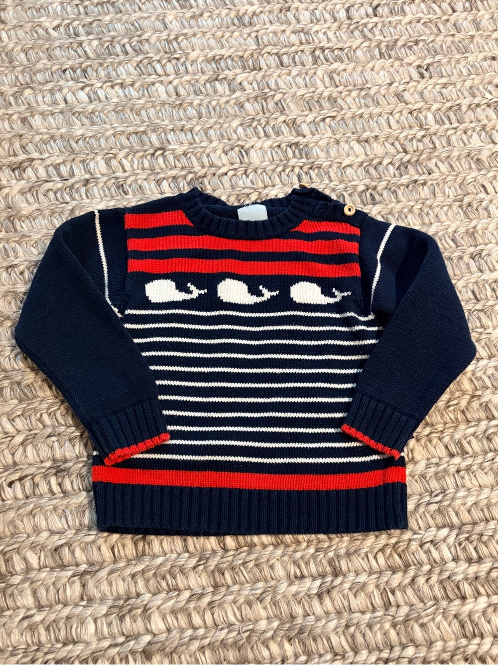 Bella Bliss Boys Whale Sweater Size 2 Navy Red Striped 100% Cotton Nautical